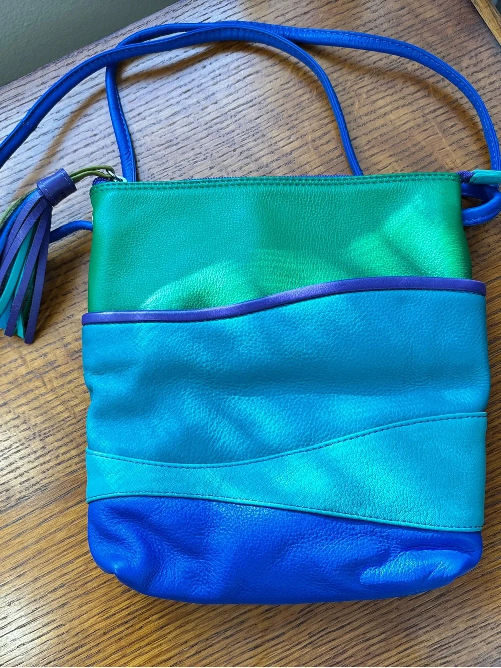 ILI NEW YORK colorful LEATHER crossbody bag POCKETS 80s colors! Blue teal purple - Picture 10 of 10